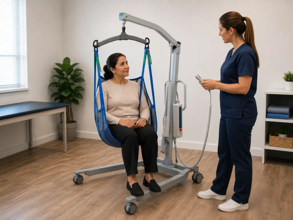 A woman in a patient lift | Care Handling