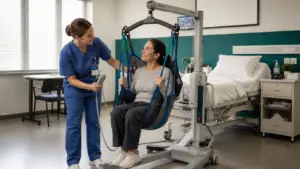 Caregiver using a mobile hoist and sling to lift a patient - Care Handling